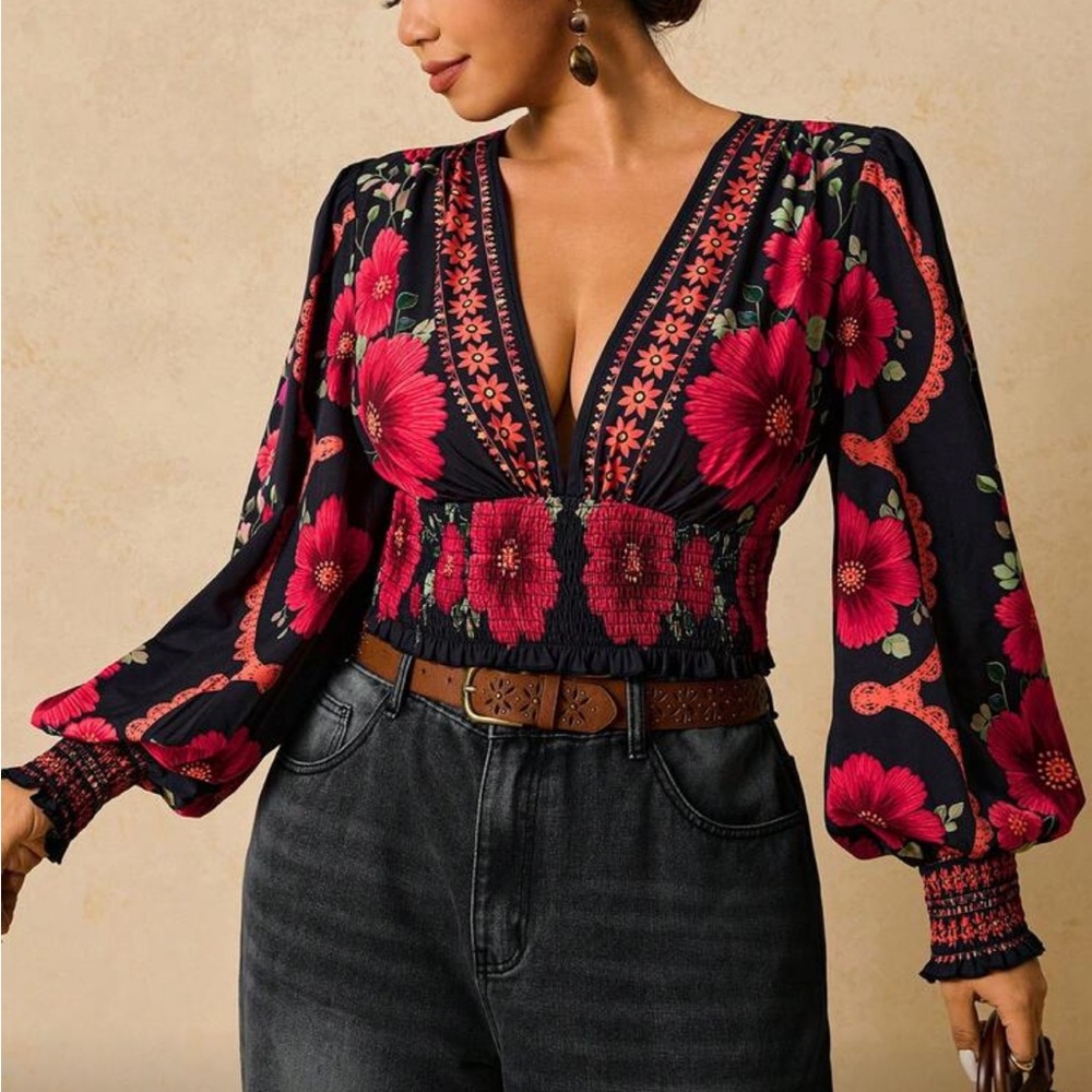 Plus Size Romantic Bohemian Floral Print Long Sleeve Tie Front Blouse Shirt - Picture 1 of 14